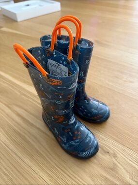 Western Chief Navy and Orange Kid's Waterproof Rain Boots with Easy-Grab Handles